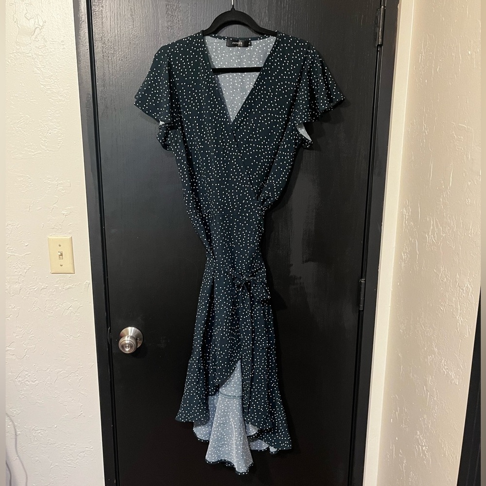 Zesica Cute Dark Green Polka Dot Wrap Dress - Large